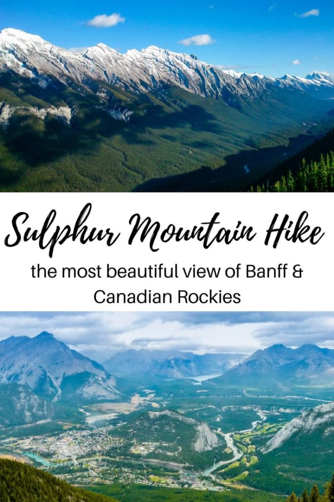 Mountain peaks of Canadian Rockies as far as you could see, view of Bow Valley, Lake Minnewanka and the Town of Banff. The Sulphur Mountain overlooks Banff National Park and offers jaw-dropping views. While the gondola is the most popular attraction in Banff, there’s a more active and budget option – Sulphur Mountain hike. | what to do in Banff | best hikes in Banff | best view in Banff | #banff #banffnationalpark #canada #canadianrockies #adventure